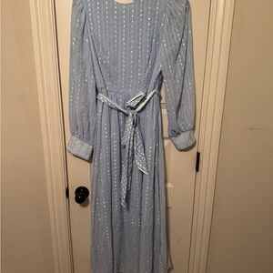 SHEIN Light Blue Long Sleeve Maxi Dress with Tie Waist